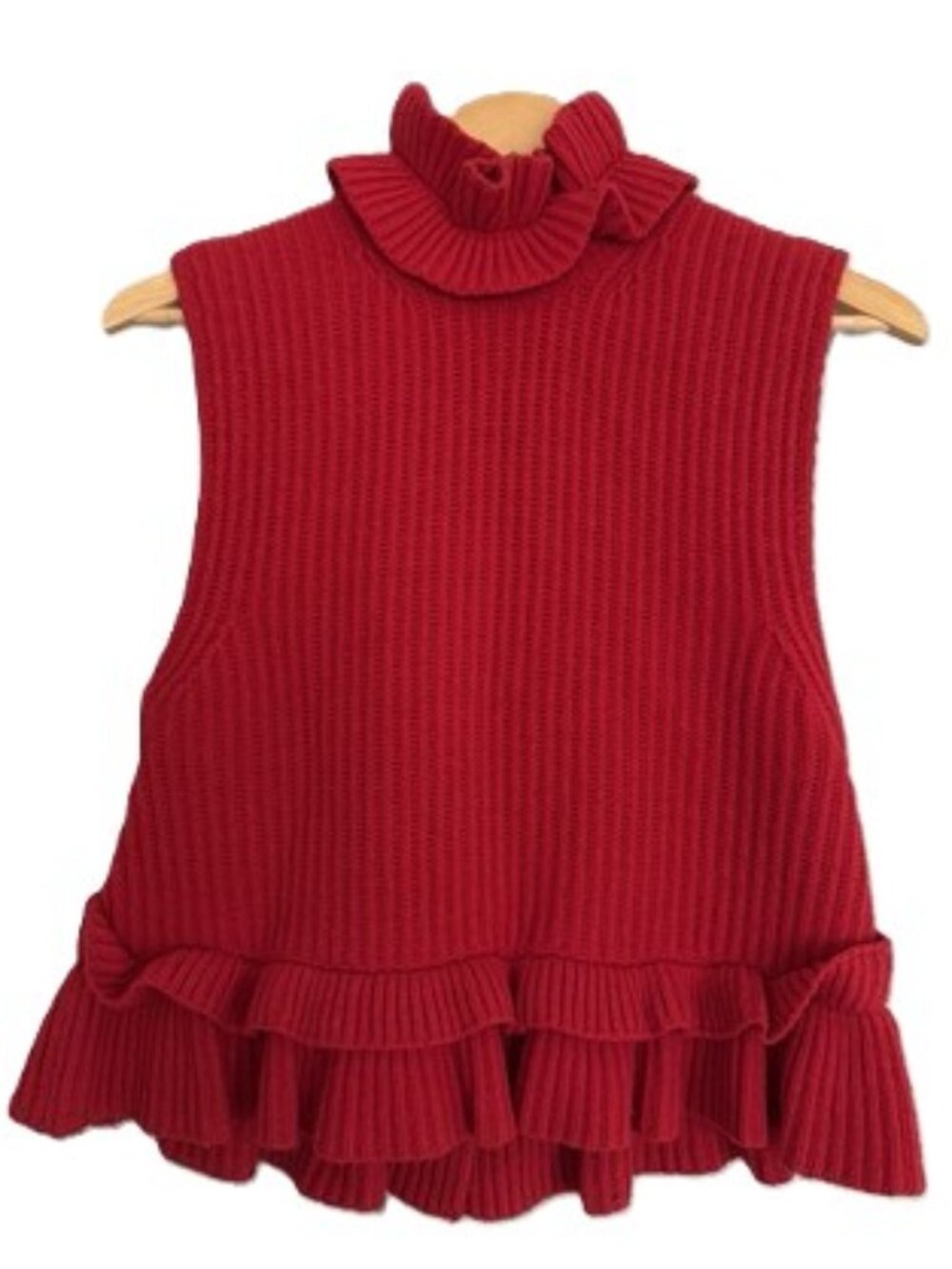 GANNI Ruffled Sleeveless Rib Knit Top In Red, S - Picture 4 of 4